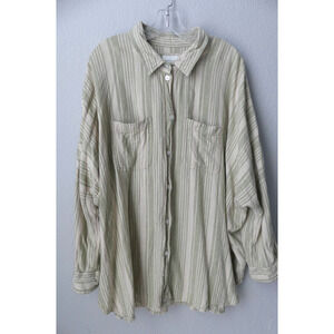 American Eagle Linen Striped Shirt XL Button Oversized Green Woven Cream